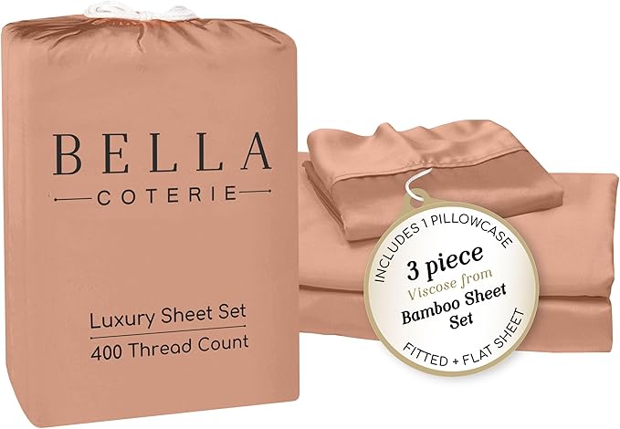 Bella Coterie Luxury Bamboo Viscose Twin Size Sheet Set | 100% Organically Grown | Ultra Soft | Cooling for Hot Sleepers | 18" Deep Pocket [Terracotta]