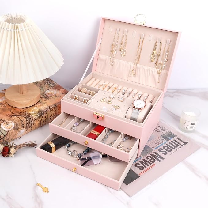 3 Layer Jewelry Box for girls, Lockable Jewelry Organizer for Necklace Earring Ring Bracelet Watch, PU Leather Storage, Pink - Image 6