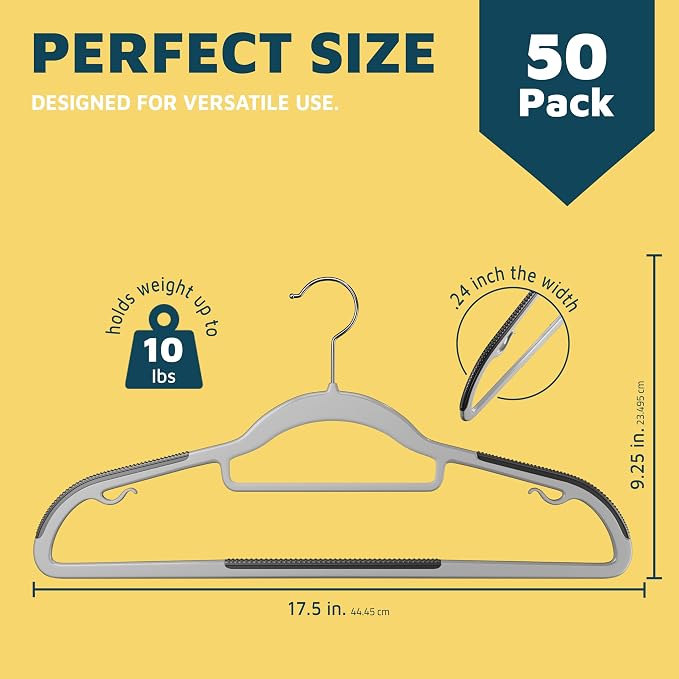 Lifemaster Plastic Clothes Hanger Set - 50 Pieces Versatile, Lightweight, Space-Saving, Non-Slip, Slim Designed, Dry and Wet Clothes Hanger Set with 360° Swivel Hook and Rubber Coating - Gray - Image 2