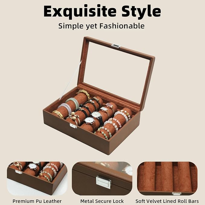 Bracelets Organizer Rods Bangles Display Holder, Clear See through Lid Leather Velvet Jewelry Storage Box Case for Women, 4 Rods Brown Leather - Image 5