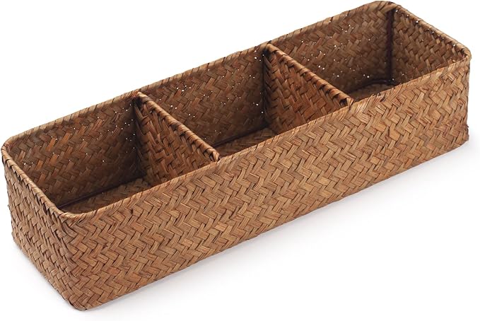 Seagrass Storage Basket 3 Sections Woven Shelf Baskets with Compartment (Natural, 14.6inch x 4.7inch x 3.1inch) by DECRAFTS
