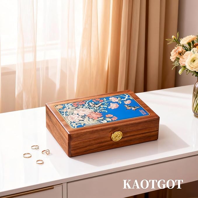 Travel Jewelry Case Small Wood Jewelry Organizer Jewelry Box for Women (Nut-Brown Print D) - Image 5