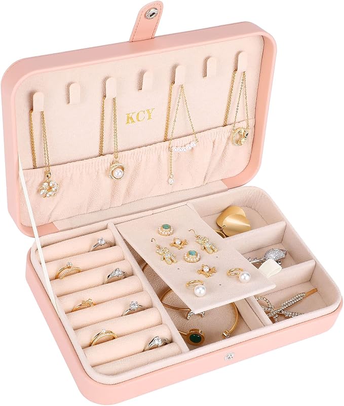 KCY Travel Jewelry Organizer Box for Women Girls, Small Travel Jewelry Case, PU Leather Portable Jewellery Storage Boxes Display Holder for Ring Earrings Necklace Bracelet Bangle, Gifts, Pink by KCY