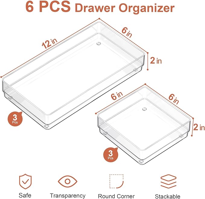 SMARTAKE 6 PCS Clear Plastic Drawer Organizers Set, Large Size Non-Slip Desk Drawer Organizer, 2-Size Versatile Bathroom and Vanity Drawer Organizer Trays for Makeup, Bedroom, Office, Kitchen Utensils - Image 2