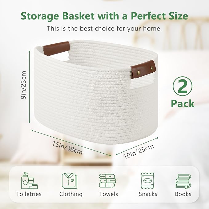 ECDYQXVU Cotton Rope Basket, Storage Baskets with Handle, 15x10x9 Inch Woven Basket for Shelves, Laundry, Towels, Clothes, Books (White 2Pack) - Image 3