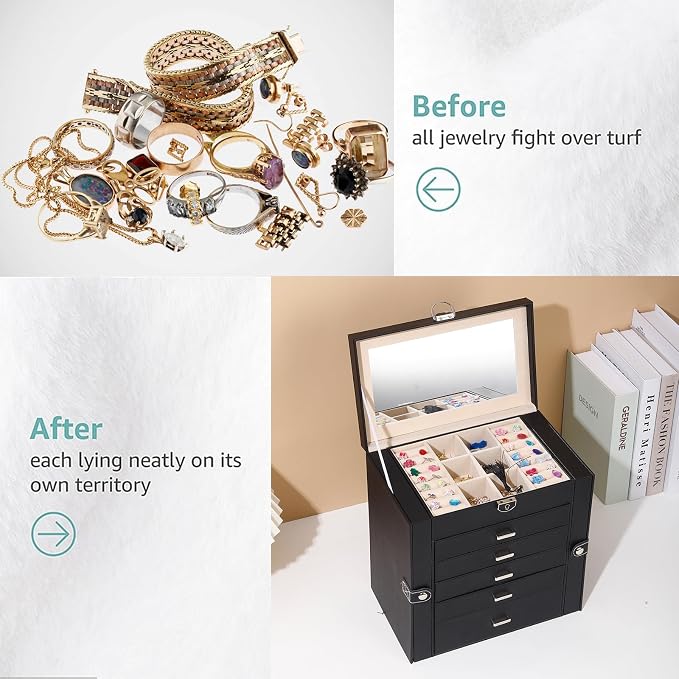 BOOVO Jewelry Box For women, 6 Layer Large Jewelry Organizer With Mirror, Multi-Function Storage Box With Lock, Accessory Holder With 5 Drawers, For Earrings Necklace Ring Bracelet (Black) - Image 6
