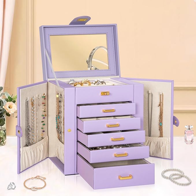 AKOZLIN Jewelry Box Organizer Functional Leather Jewelry Storage Case for Women Girls Ring Necklace Earring Bracelet Holder Organizer with Mirror Purple - Image 6