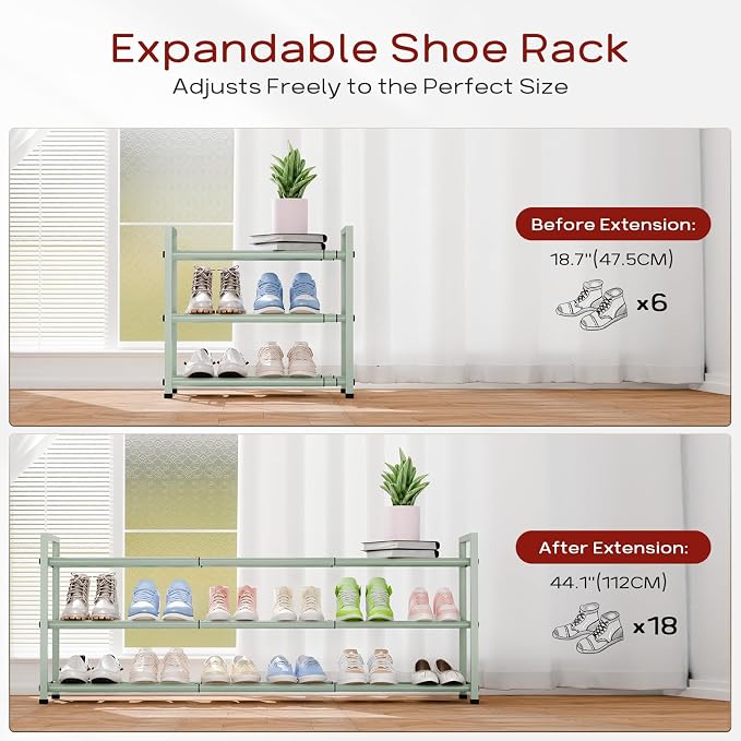 Bumusty 3-Tier Long Expandable Shoe Rack for Closet, 18"-44" Adjustable Shoe Rack for Entryway, 15-18 Pairs Large Shoe Organizer Shelf Storage, Sturdy Metal, Green - Image 4