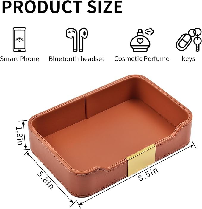 Luxury Leather Valet Tray Desktop Storage Organizer,Bedside Vanity Catchall Tray Nightstand Caddy Holder for Cosmetic,Jewelry,Watch,Keys,Phone,Wallet,Remote Controller,Pen,Orange - Image 4
