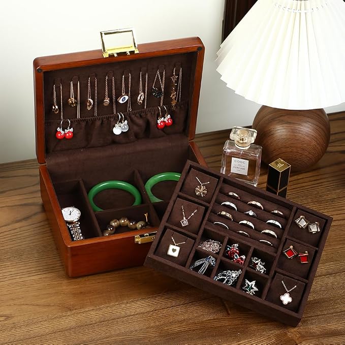 Solid Walnut Wood Jewelry Box with Lock, 2 Layer Velvet Jewelry Organizer Storage Lined for Earrings Rings Necklaces Bracelets Cufflink Gift Idea for Men Women, Vintage Brown - Image 4