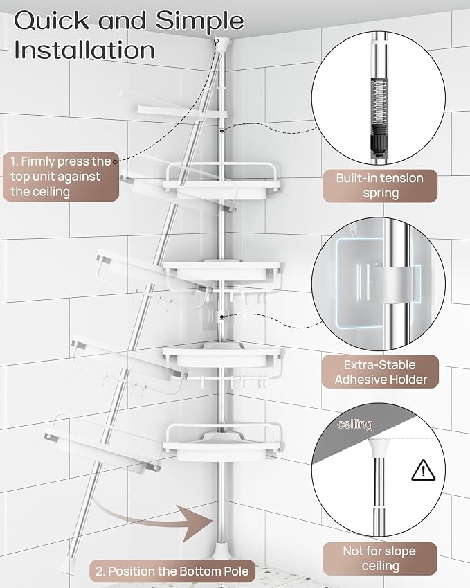 ALLZONE Corner Shower Caddy Tension Pole, Extendable Rustproof Stainless Steel Pole & 4-Tier Adjustable Shelves for Easy Drainage and Built-to-Last Stability, 34 to 116 Inches, White - Image 4