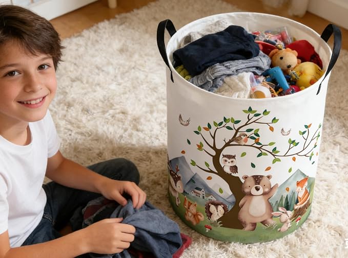 Kids Laundry Basket Animal Hamper for Nursery Woodland Hamper Cute Kids Storage Bin Organizer Room Decor for Home(Tree animal) - Image 6