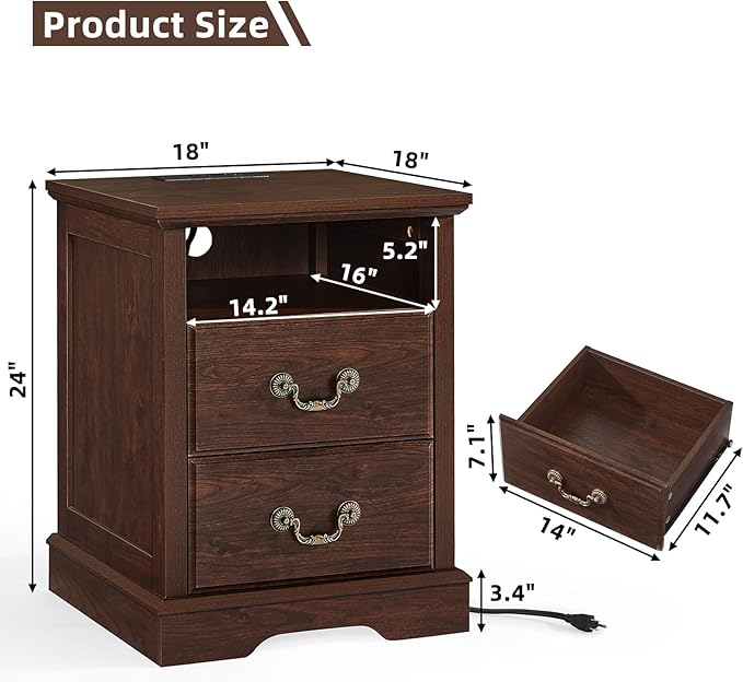 Farmhouse Dressers & Night Stand Set of 4,54" Wide 7 Drawer Dresser & 45" Tall Chest of Drawers, 18" Wide 2 Drawers End Table with Charging Station Set of 2,Furniture Dresser Sets for Home Walnut