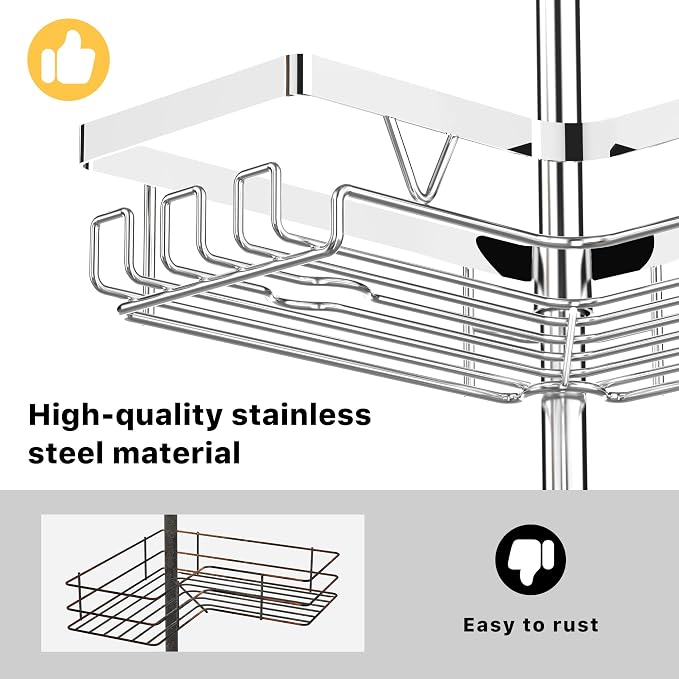 KEGII Corner Shower Caddy Tension Pole - Chrome 4-Tier Adjustable Shower Tension Rod Organizer with Hooks & Soap Holders, 25-114.2 Inch Stainless Steel Shower Storage Rack for Renters & Family - Image 6