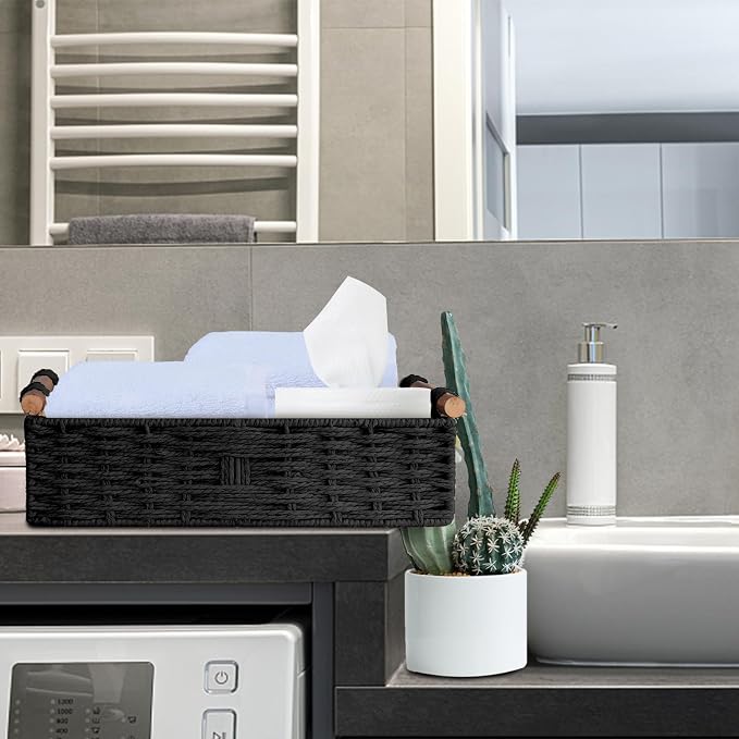 Round Paper Rope Storage Basket Wicker Baskets for Organizing with Handle Decorative Storage Bins for Countertop Toilet Paper Basket for Toilet Tank Top Small Baskets Set,Black - Image 6