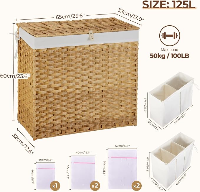 Greenstell Laundry Hamper with Lid, 125L Wicker Laundry Baskets with 2 Removable Liner Bags & 5 Mesh Laundry Bags, Handwoven Rattan Clothes Hamper with Handles for Clothes in Bathroom, Bedroom - Image 5