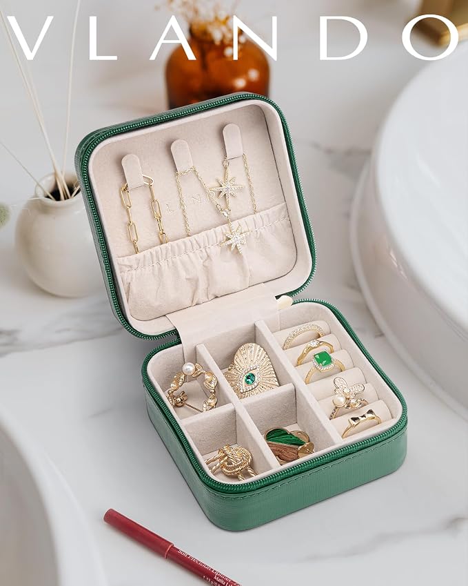 VLANDO Small Travel Jewelry Box Organizer - Girls Women Gift Rings Earrings Necklaces Jewelry Storage Display Case Dark Green - Image 7