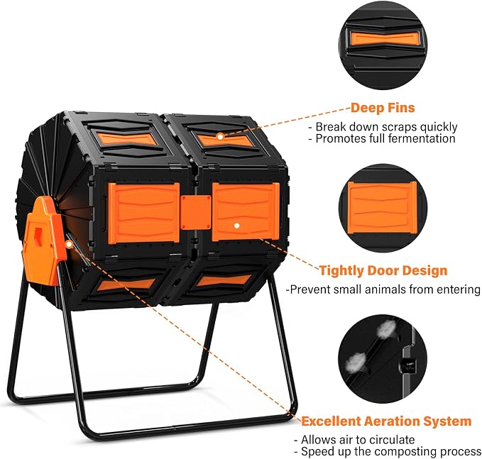 Compost Tumbler, Easy Assemble & Efficient Outdoor Compost Bin, 45 Gallon/170 Liter Large Dual Chamber Rotating Composter for Garden, Kitchen, and Yard Waste, Orange Door - Image 7