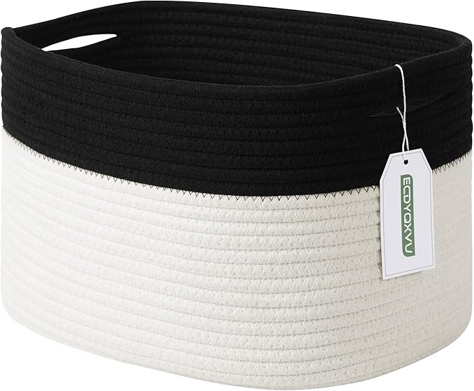 ECDYQXVU Cotton Rope Storage Basket, 15x10x9 Inches, Woven Basket for Shelves, Clothes, Towels, Books, and Laundry, Black/ White (1 Pack) by ECDYQXVU