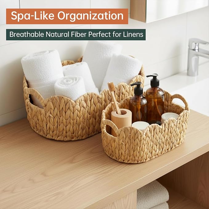 Coeusy Scalloped Basket Set of 2,Water Hyacinth Basket for Organizing and Decor,Hand-Woven Wicker Storage Baskets with Built-In Handles for Nursery,Gift,Laundry - Image 6