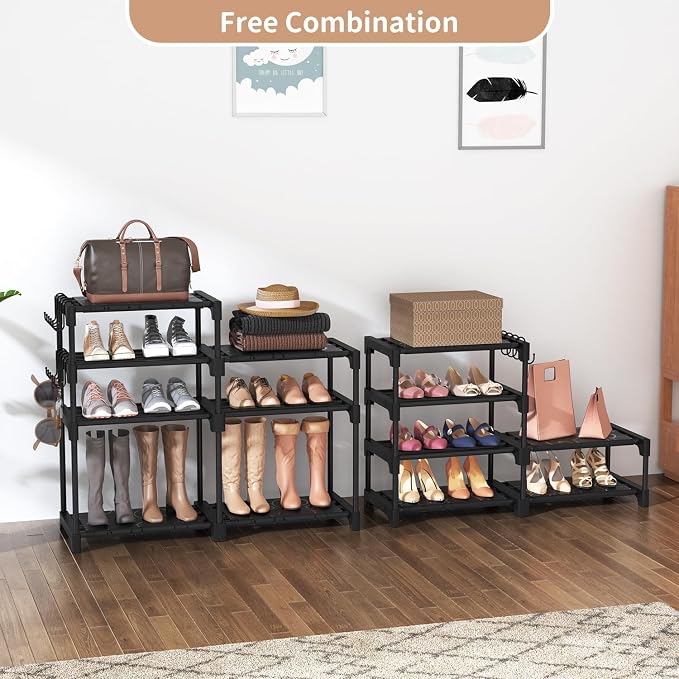 ROJASOP Shoe Rack Organizer, 8-Tier Metal Shoe Rack for Closet Entryway Garage, 26-32 Pairs Tall Shoe Boot Storage Shelf with 15 Hooks, Stackable Large Shoe Stand - Image 6