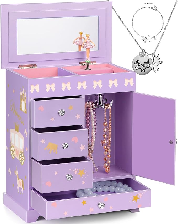 Large Jewelry Box for Girls 5-Layer Music Box with Swing Door Spinning Ballerina Unicorn Necklace & Bracelet Set Children Jewelry Organizer for Girls Kids Birthday Christmas Gift Purple by efubaby