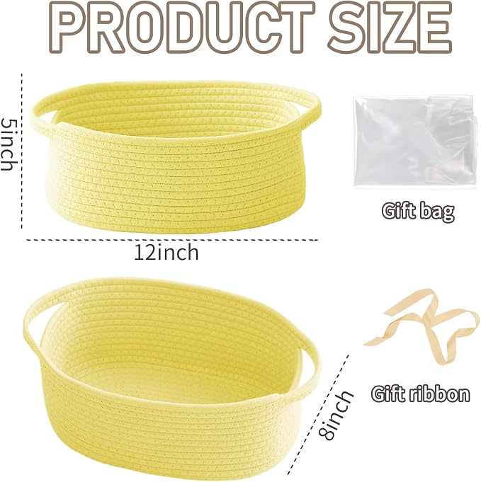 JMvicyroam Woven Basket,Small Rope Storage Bin with Handles & Ribbon Bag, Organizer for Shelves Closets,Gift Basket Empty for Birthday,Books,Dog Toys, Yellow/3 Pack - Image 2