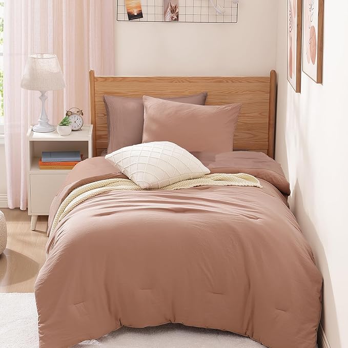 WRENSONGE Twin Comforter Set- 5 Pieces Clay Pink Twin Bed in a Bag, All Season Twin XL Bedding Sets with 1 Fitted Sheet, 1 Flat Sheet, 1 Pillow Sham and 1 Pillowcase