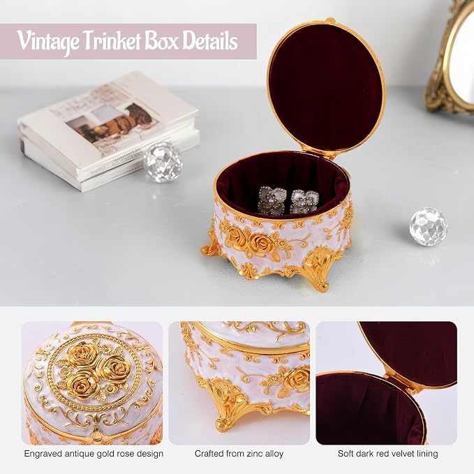 Vintage Jewelry Box, Gold Round Treasure Ring Box, Metal Trinket Organizer Keepsake Box Gift for Girl Women, Beige - Image 5