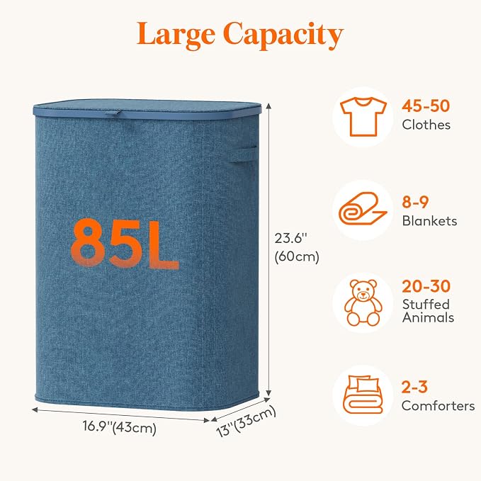 Lifewit 85L Large Laundry Basket with Lid, Laundry Hamper with Plastic Handles and Removable Bag, Foldable Tall Dirty Clothes Hampers for Laundry for Laundry Room, Bedroom, Bathroom, Dorm, Dark Blue - Image 2