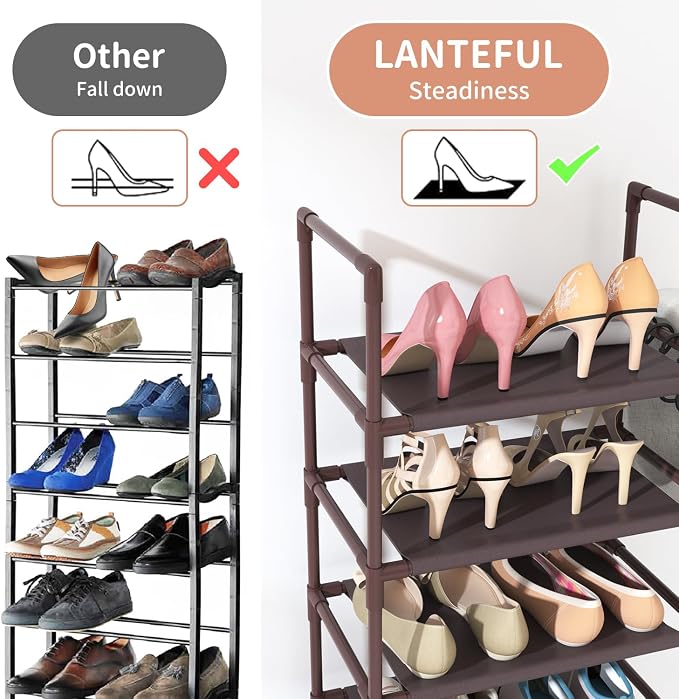 LANTEFUL 10 Tiers Tall Shoe Rack 20-25 Pairs Boots Organizer Storage Sturdy Narrow Shoe Shelf for Entryway, Closets with Hooks, Brown - Image 6