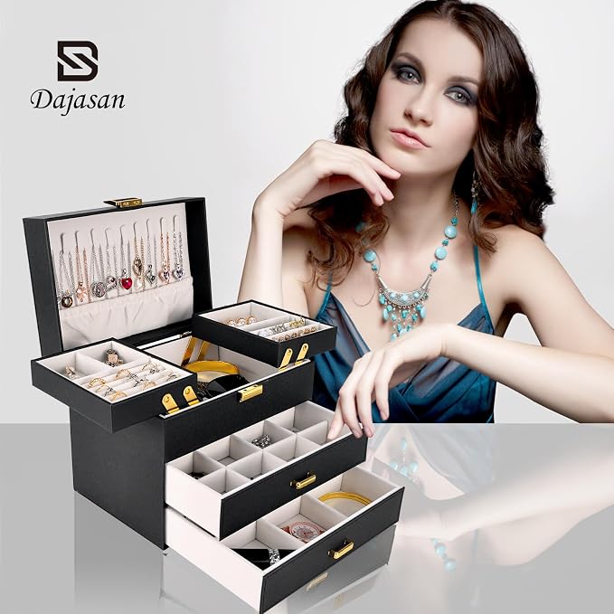 Dajasan Jewelry Organizer Box, Large Jewelry Boxes for Women Girls, Space-Saving 4 Layers Jewelry Storage Case with Drawer, Movable Metal Stand, Modern, Gift Idea (Black + Gold) - Image 7