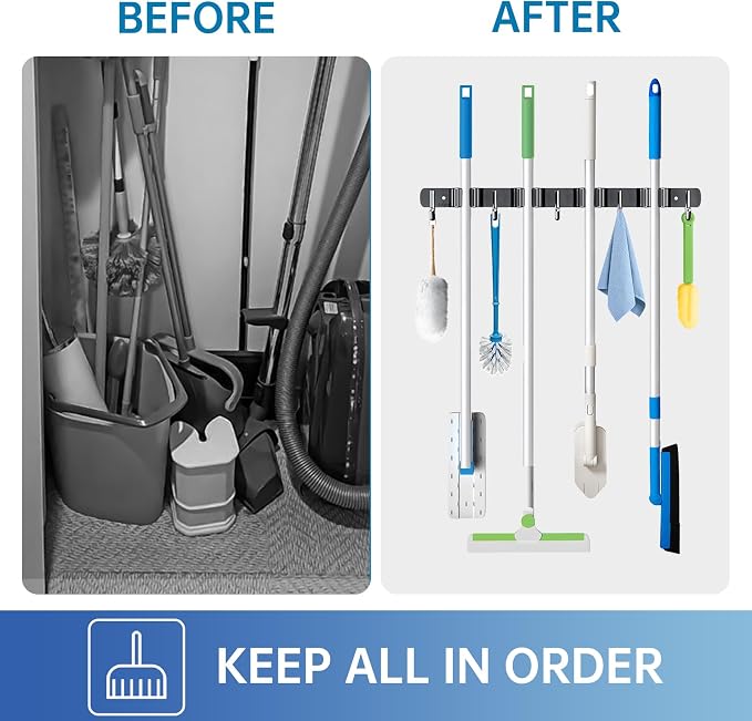 ZONGOOL 2 Pack Broom Holder Wall Mount, 4 Racks and 5 Hooks Mop Hanger Wall Mount Broom Organizer Stainless Steel Heavy Duty Garage Tool Racks for Home Kitchen Garden Laundry (Black) - Image 5