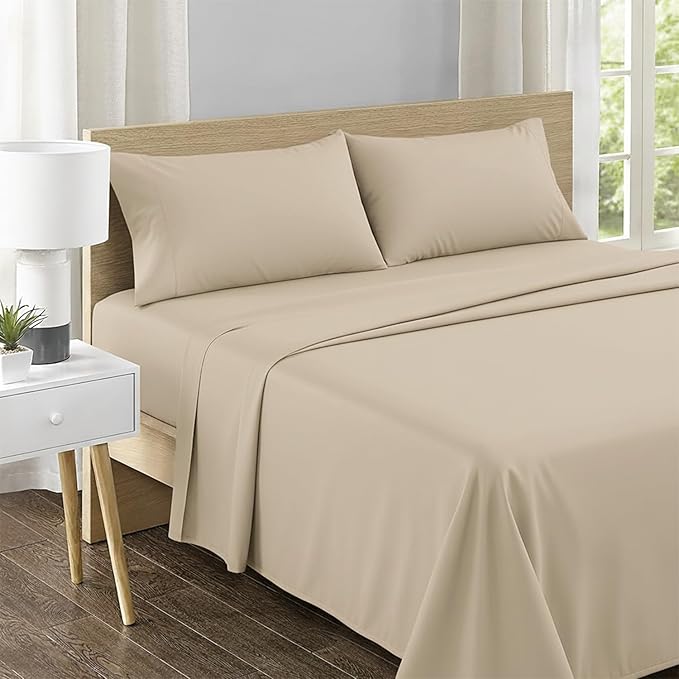 Feather & Stitch 500 TC King Size 4pc Damask Bed Sheet Set, 100% Soft Cotton Breathable Bedsheets, 18" Deep Pockets Sateen Weave Solid Bedding Mattress Resort Hotel Luxury Decor - (Champagne Beige)