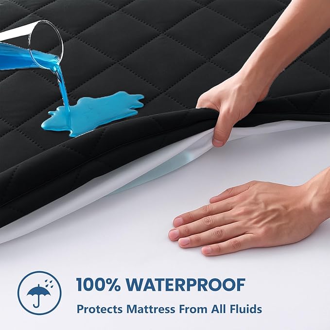 Twin Mattress Protector,Waterproof Mattress Protector Fitted Up to 16" Deep Pocket, Soft Breathable Bed Mattress Cover for Bedroom,Doom Room,(Black)