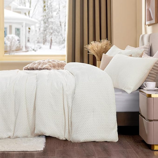 Flannel Fleece Twin Comforter Set - Furry White Leaves Pattern Faux Fur Bed Set, Winter Ultra Soft Fuzzy Comfort Set, Velvet Bedding Set for Bed with 1 Pillow case