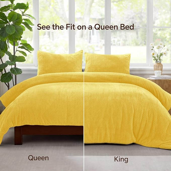 Flannel Fleece Twin Comforter Set - Furry Yellow Leaves Pattern Faux Fur Bed Set, Winter Ultra Soft Fuzzy Comfort Set, Velvet Bedding Set for Bed with 1 Pillow case