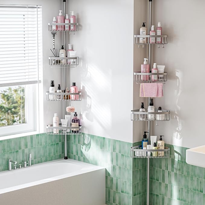 ESSEME Corner Shower Caddy Tension Pole: Adjustable Rustproof 4-Tier Inside Bathroom Organizer - 47-121 inch Quick Installation Bathtub Shelves for Shampoo Storage - Rod Floor Standing Bath Rack - Image 5
