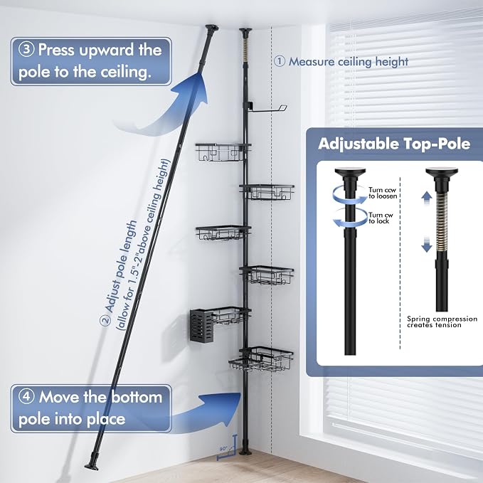 Shower Caddy Organizer Tension Pole, Rustproof 6-Pack Corner Shelf with 30-120 Inch Adjustable Shower Rack for Inside Shower, Extra Towel Bar & Soap Dish for Bathroom Organizers and Storage, Black - Image 6