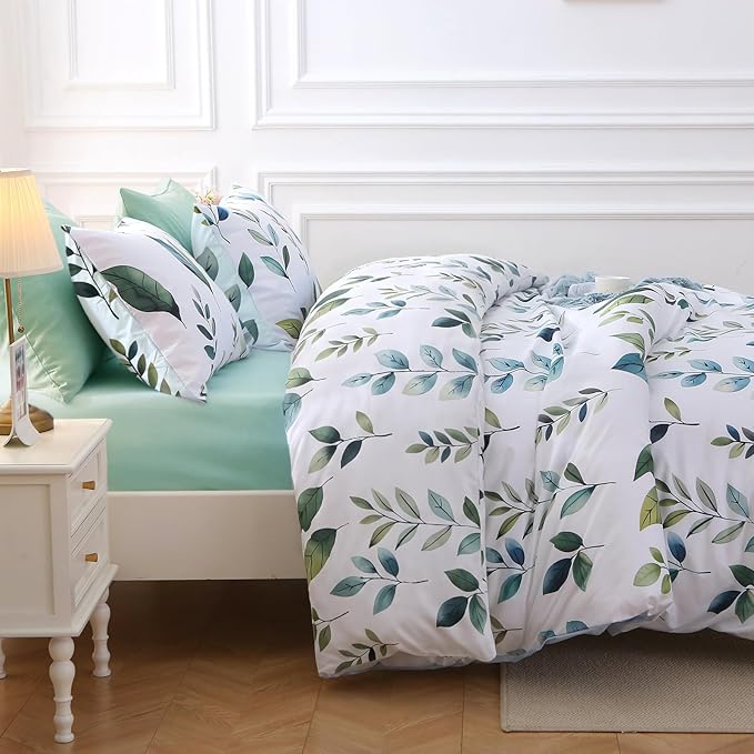 MUXHOMO Grey Green Foliage Bed in a Bag King 7 Pieces, King Comforter Set Reversible Botanical Flowers Design, Ultra Soft & Breathable Bedding Sets with Comforter, Sheets, Pillowcases & Shams