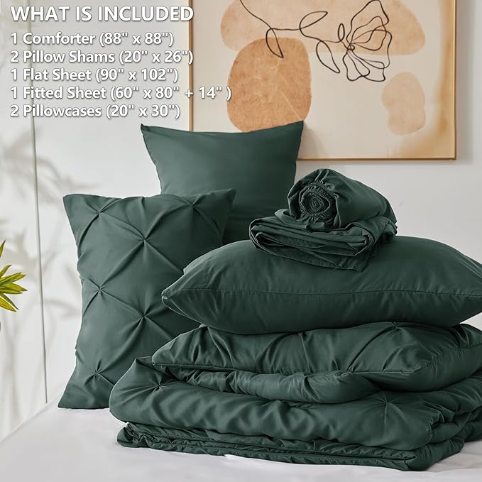 CozyLux Queen Comforter Set Forest Green, 7 Pieces Pintuck Bed in A Bag, Premium Green Comforter Queen Size, Pinch Pleat Bedding Sets with Comforter, Sheets, Pillowcases & Shams