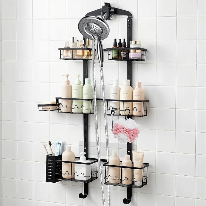 Extra Large Shower Caddy Hanging, Rust-Resistant Shower Organizer Hanging, 3 Tier Height-Adjustable Over the Head Caddy, Rack with Soap Basket (Black) by Unknown