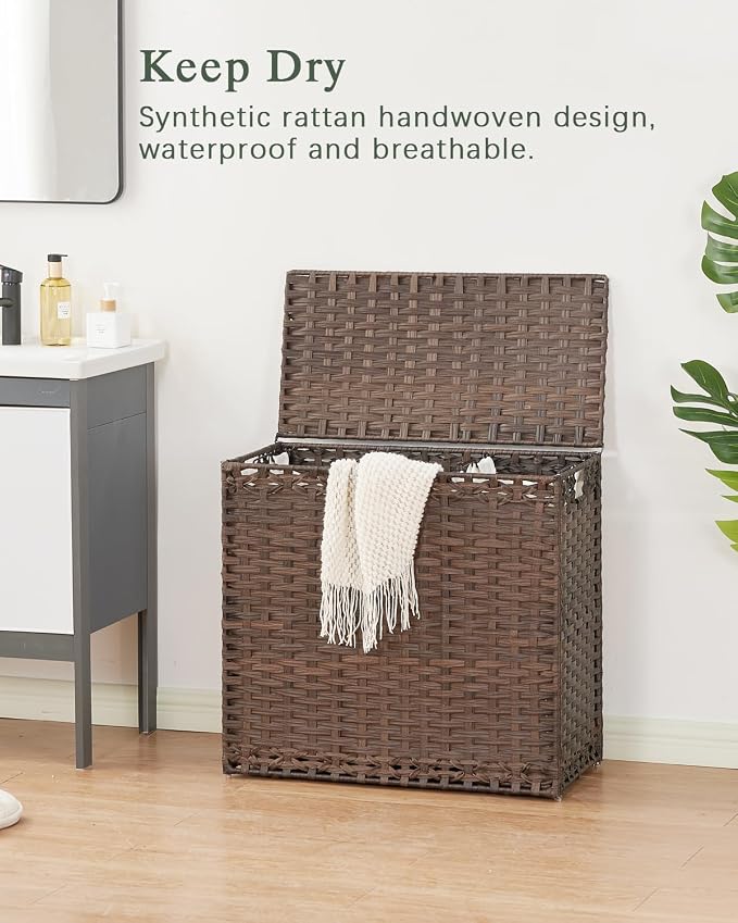 SETVSON Laundry Hamper with Lid Laundry Basket 132 L (35 Gal) Wicker Clothes Hamper, Handwoven Rattan Hamper with Handles and 4 Removable Liner Bags, 6 Mesh Bags for Laundry Bedroom Brown - Image 2