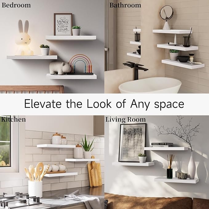 BAYKA White Floating Shelves for Wall Set of 3, Rustic Wood Wall Shelves with Metal Brackets for Bathroom, Bedroom, Kitchen, or Living Room Decor Organization, Sturdy Storage with 22lb Capacity - Image 8