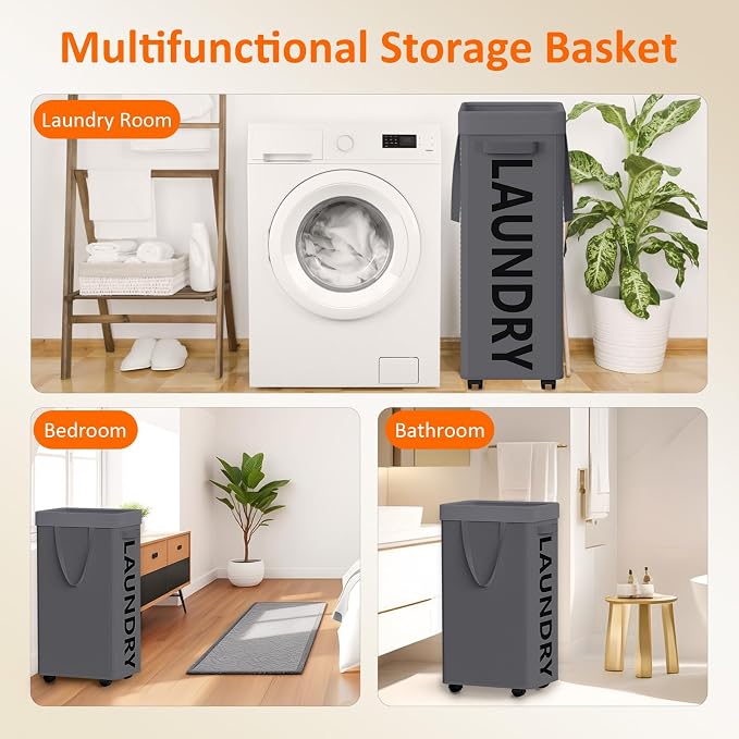 Optish Laundry Basket with Wheels, 90L Rolling Laundry Hamper with Wheels, Large Clothes Hamper on Wheel with Removable Mesh Bag for Bedroom, Bathroom, Dorm, Grey - Image 8