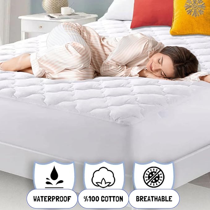 Quilted Fitted Waterproof Mattress Protector, 54 X 78 inches, Breathable Noiseless Mattress Pad Stretches up to 18" Deep, Elastic Fitted Cotton Mattress Cover, Dirt Proof,(White) (Full)