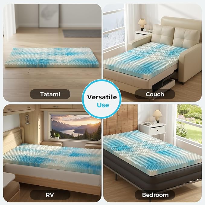 DUMOS 2 Inch Memory Foam Mattress Topper King, 5-Zone Cooling Gel Infused Pressure Relief Bed Topper for Back & Hip Pain, Soft Dorm RV Camping Mattress Pad, Blue