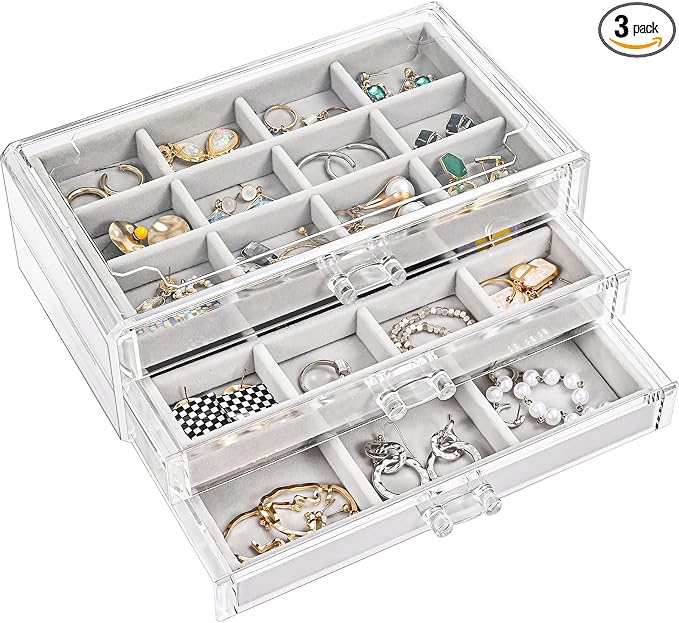 ProCase Earring Holder Organizer Jewelry Box with 3 Drawers, Acrylic Clear Earring Case with Adjustable Velvet Trays for Women - Grey, 3 Layers by ProCase