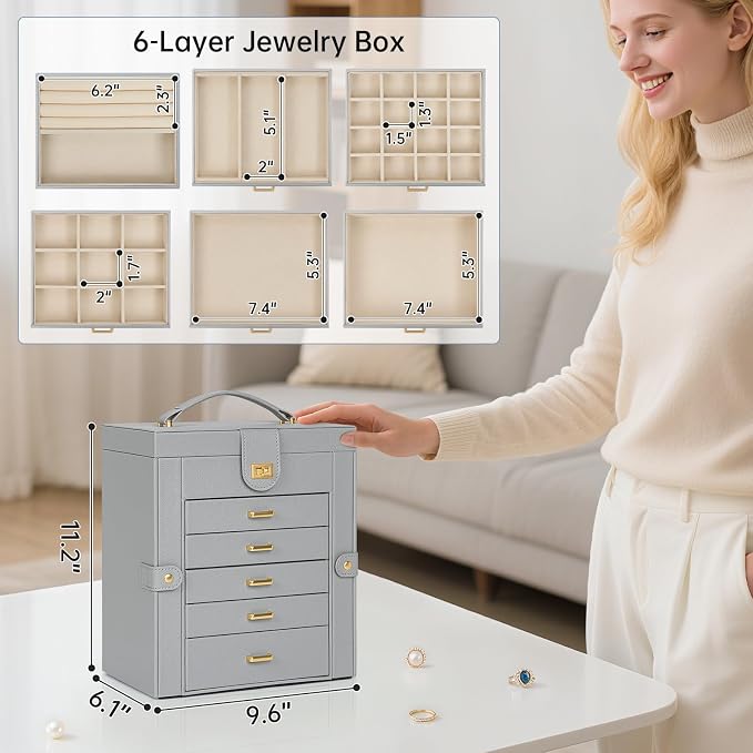 AKOZLIN 6-Tier Jewelry Box Organizer Functional 5 Drawers Leather Jewelry Storage Case for Women Girls Ring Necklace Earring Bracelet Holder Organizer with Mirror Grey - Image 6