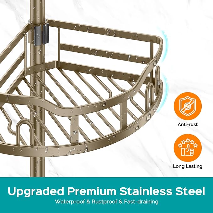 HAMITOR Corner Shower Caddy Tension Pole: Rustproof 4-Tier Bathroom Organizer Shelves for Bathtub Shampoo Storage - 47-121 Inch Quick Install Adjustable Rod Standing Rack with Soap Rack -Tan Khaki - Image 5